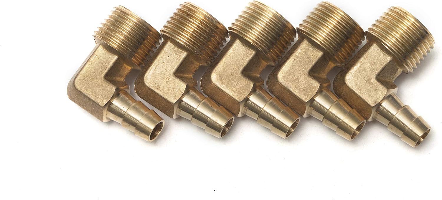 LTWFITTING 90 Deg Elbow Brass Barb Fitting 1/2-Inch Male BSPT x 10mm ID Hose(Pack of 5), 10mm ID Hose x 1/2" Male BSPT