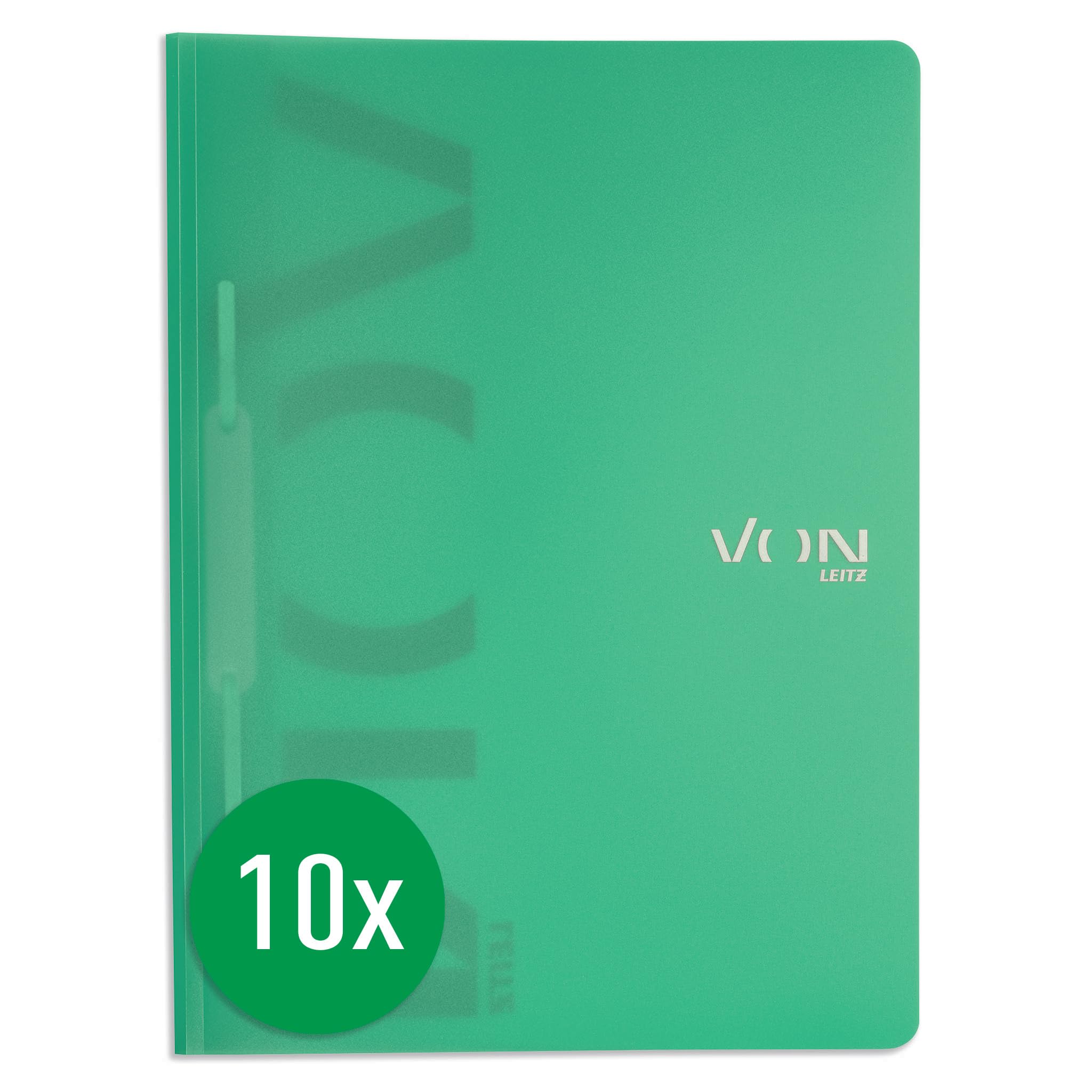 VON Leitz 46790055 Pack of 10 A4 File Folders, Polypropylene Plastic, for 100 Sheets, Lightweight Softcover Folder with Modern Von Print, for School and Home, Green