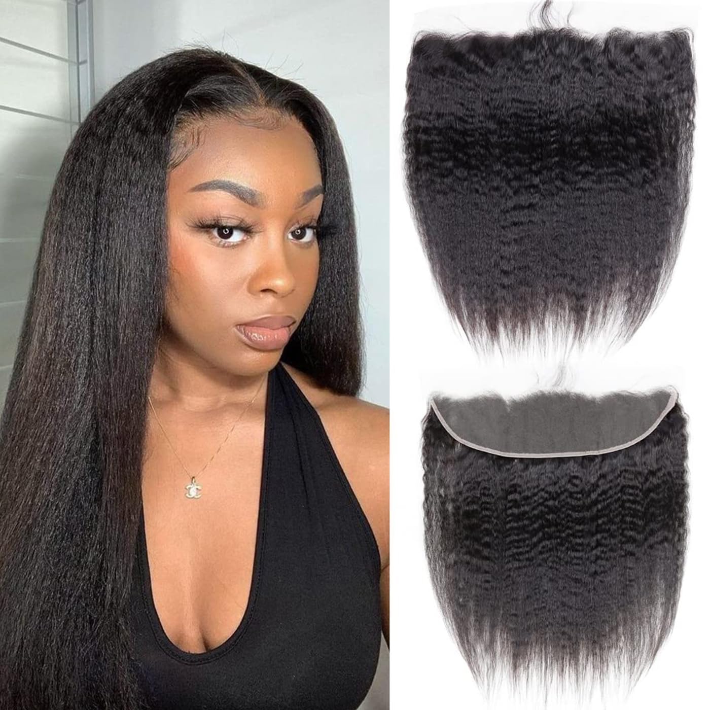 13x4 Brazilian Kinky Straight Lace Frontal Closure - Ear to Ear Free Part Swiss Lace - 100% Unprocessed Brazilian Virgin Human Hair - Natural Black - 14 Inch — image 1