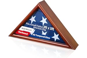 DecoWoodo Flag Box Display Case for 3'x5' Folded American Flag (Not for Burial Flag) - Wooden Military Veteran Flag Shadow Box with HD Tempered Glass, Wall Mounted Triangle Flag Frame, Brown