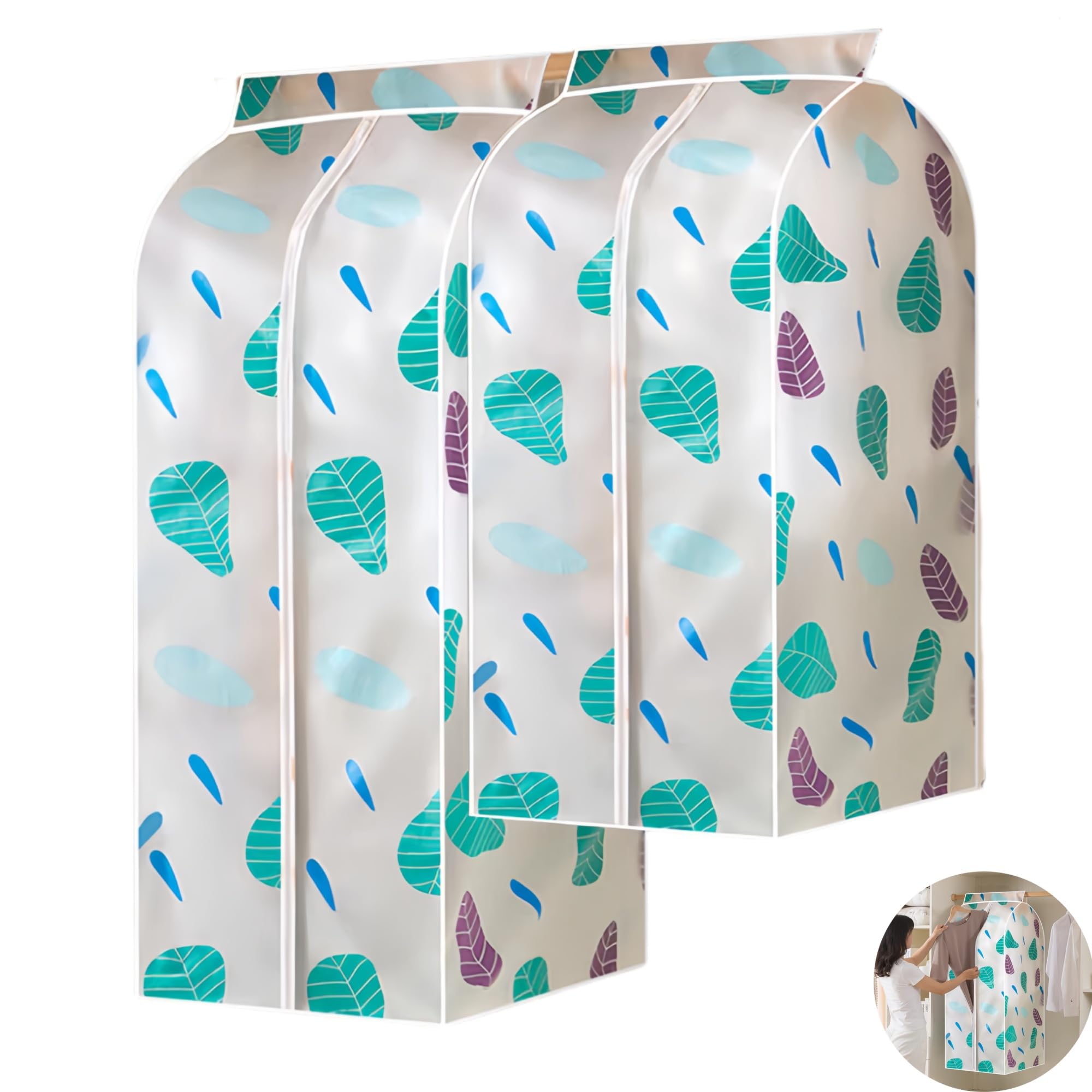 Pack of 2 Large Translucent Clothing Cover Bag PEVA Cloth Protector Wardrobe Hanging Storage Bag Dust Protector Cover with Magic Tape and Zipper Ideal for dresses,suits,coats,jackets,trousers