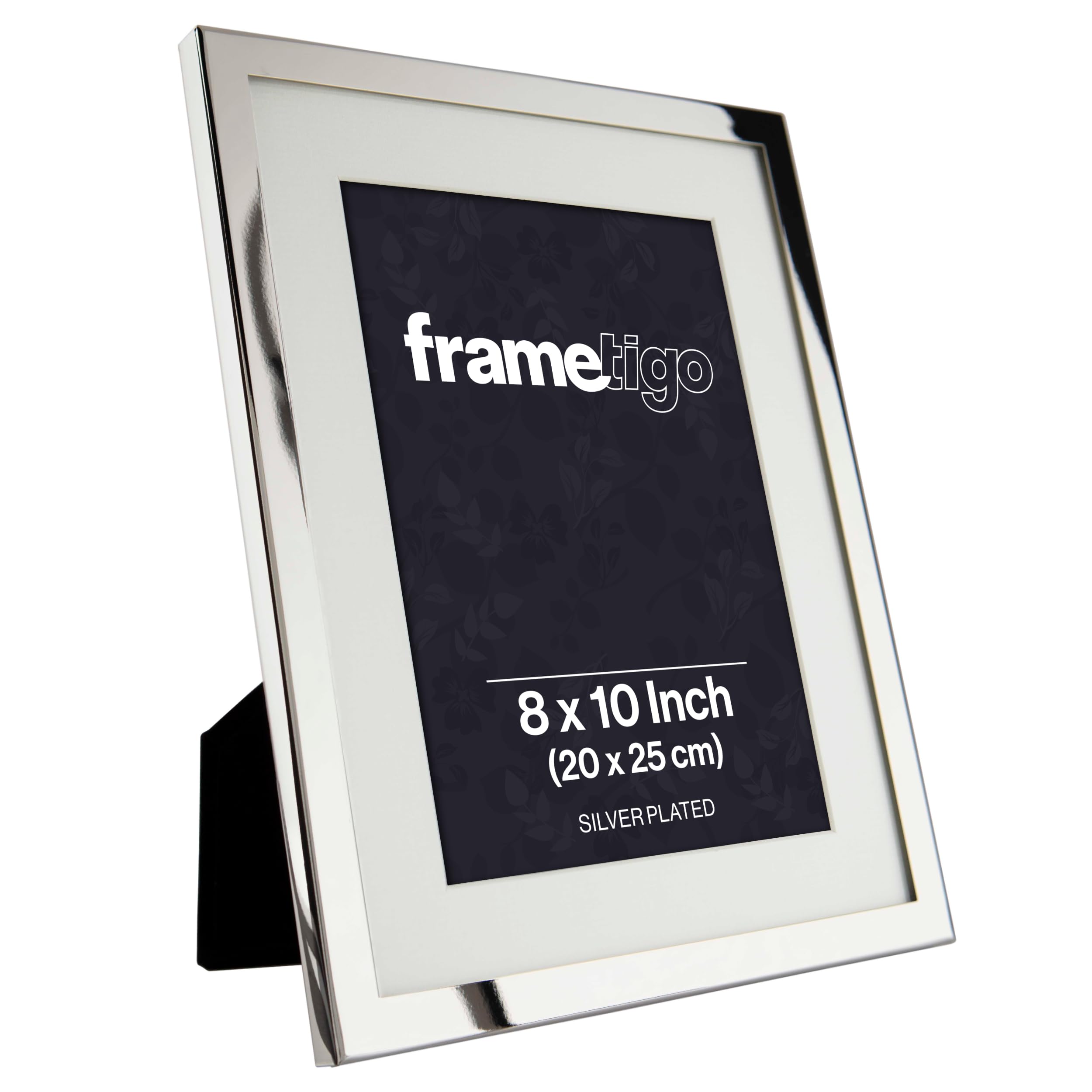 Frametigo - Silver Plated White Mount Photo Frame, 8"x10" (20x25cm) Photo Size - Velvet Frame Backing & Stand - Real Glass Window - Tarnish Resistant - Landscape or Portrait Orientation