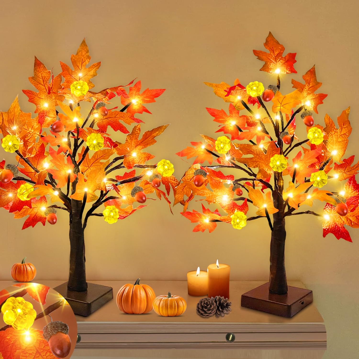 Photo 1 of TURNMEON Fall Decor 2 Pack 18 Inch Prelit Fall Maple Tree Thanksgiving Fall Decorations for Home with 48 LEDs Timer Battery Operated Pumpkin Lights 6 Acorn Tabletop Thanksgiving Halloween Decor Autumn