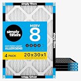 Simply 20x30x1 Air Filter, Merv 8, 4 Pack, For Home AC Furnace &amp; HVAC (Actual Size: 19.94"x29.94"x0.75") DUST, Pet &amp; Allergy Control,