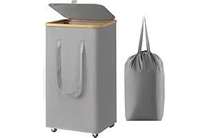 CHRISLLEY Chirslley 100L Large Laundry Basket with Wheels,Tall Laundry Hamper with Lid and Removable Liner Bag, Foldable Clothes Hamper Organizer with Bamboo Handles for Bathroom, Dorm, Bedroom, Grey