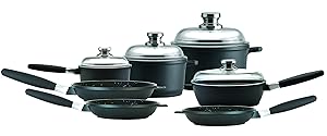 Amazon Eurocast Cookware Deluxe Set includes 1.2 Qt Sauce Pan (6.25"), 3.2Qt Stock Pot (8"), 7.4Qt Stock Pot (11"), 9.5" Saute Pan, 9.5", 8", 11" Fry Pan