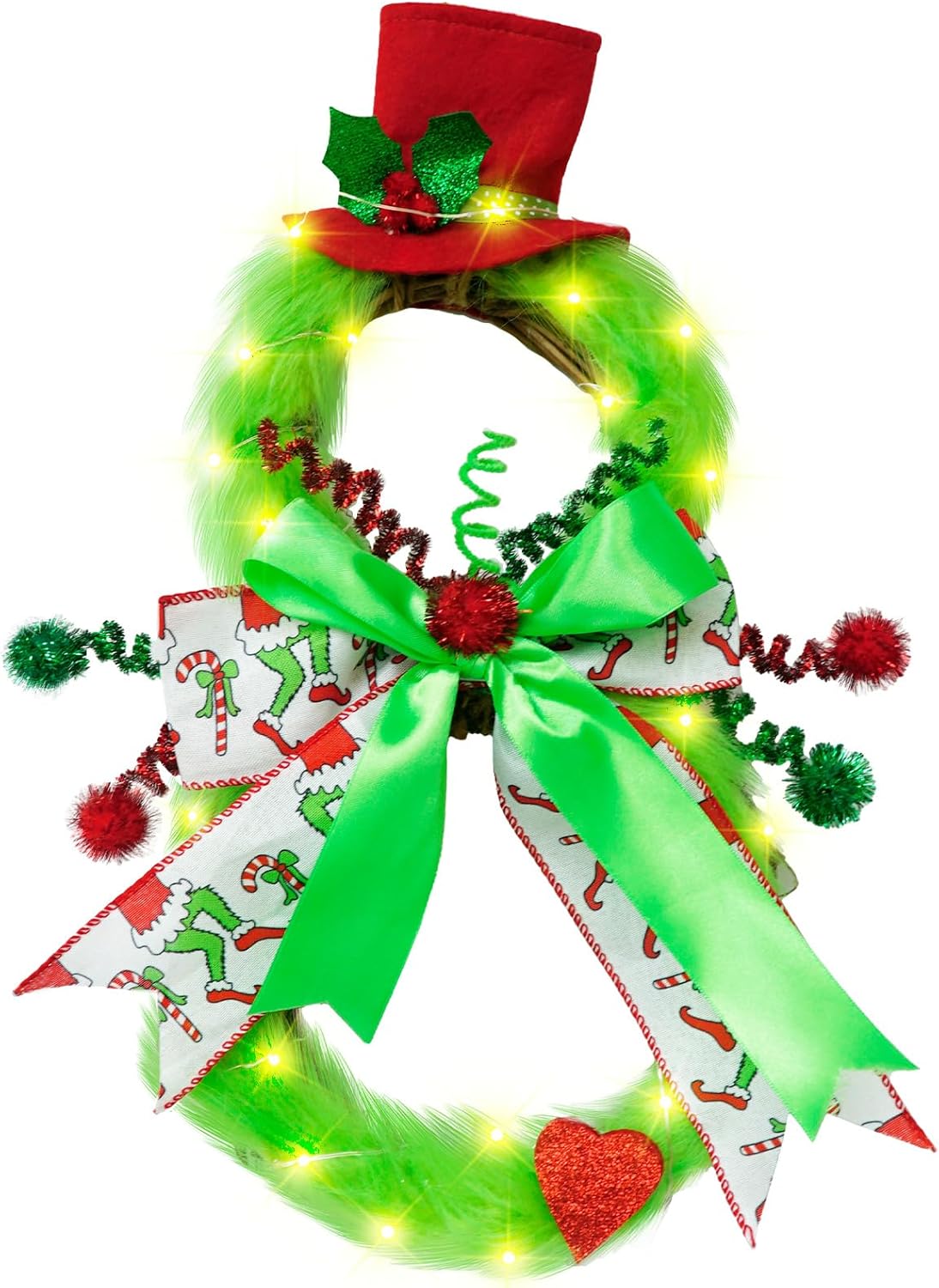 Wreaths, Garlands & Swags - Grinch Christmas Wreath for Front Door, Fairy Light Grinch Wreath for Christmas Tree Decorations, Grinch Garland Door Decor, Grinch Christmas Decorations for Home