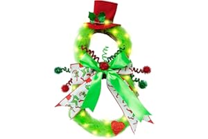 CRCZK Grinch Christmas Wreath for Front Door, Fairy Light Grinch Wreath for Christmas Tree Decorations, Grinch Garland Door Decor, Grinch Christmas Decorations for Home