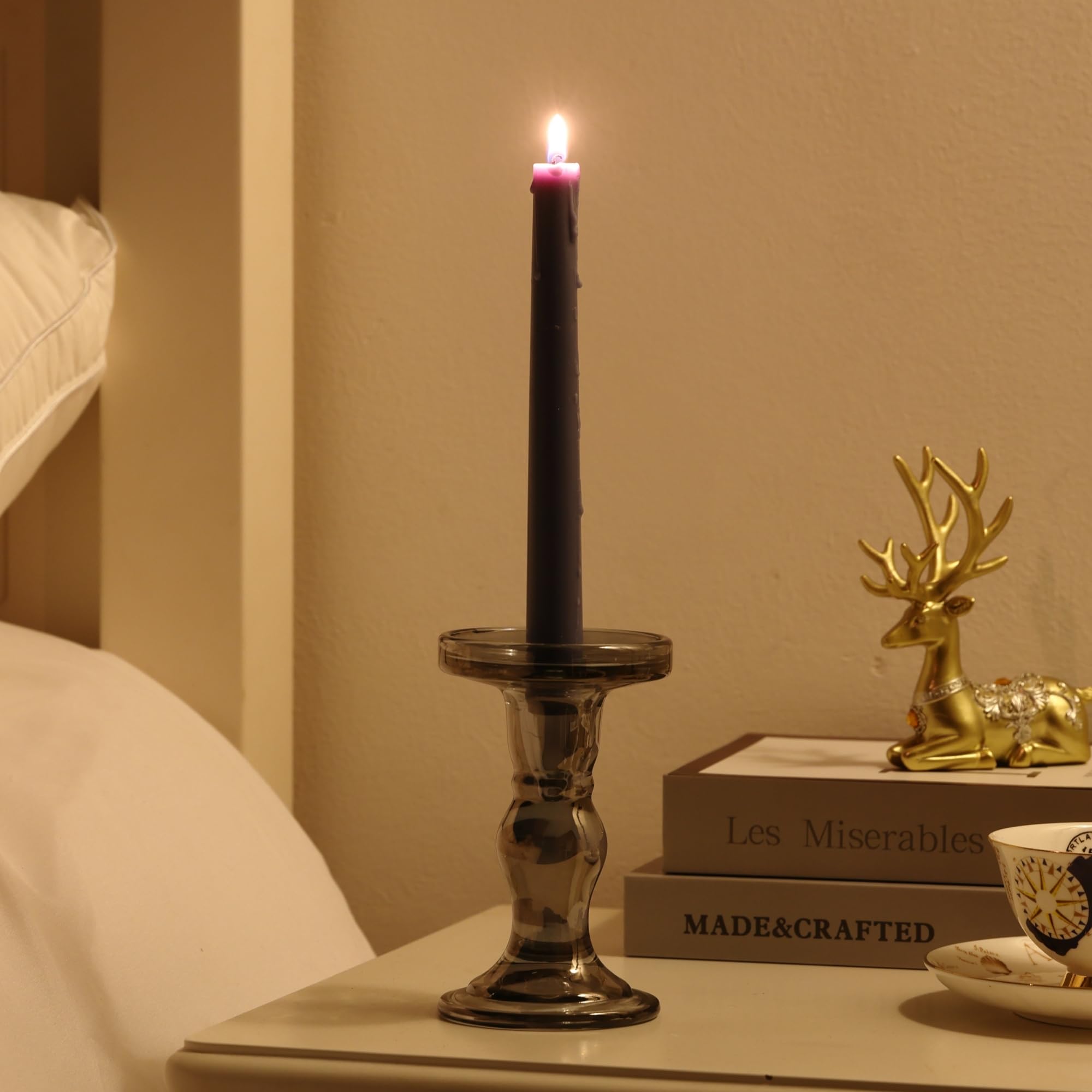 Gray Glass Candle Holder Set, QENUIITEA Set of 3 Clear Candlesticks Holders Pillar Taper Candles Tea Light Stand for Centerpieces Church Wedding Party Home Decor Dining Table