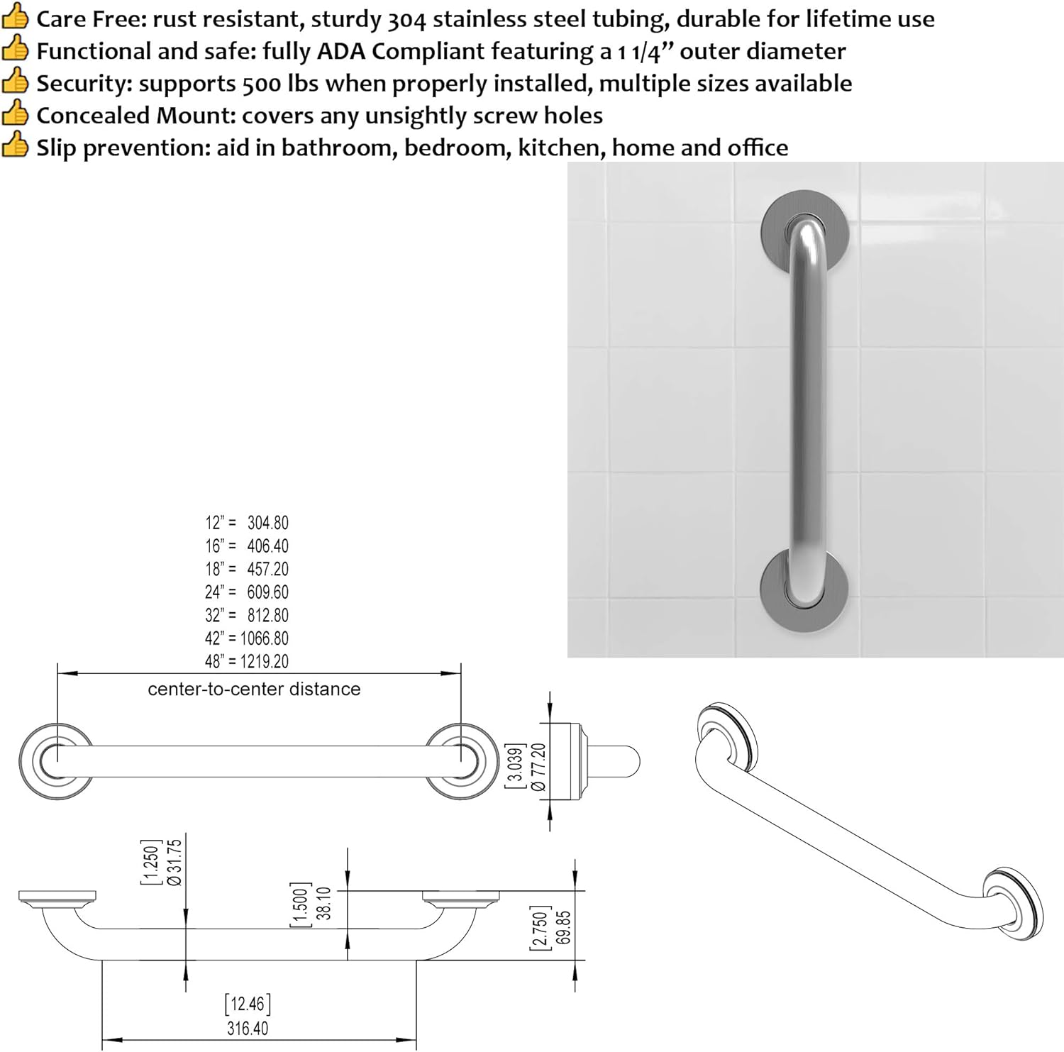 AmeriLuck 24 inches Stainless Steel Bath Safety Grab Bar (2 Pack), ADA Compliant 500lbs Loading Capacity, Brushed Nickel: Health & Personal Care