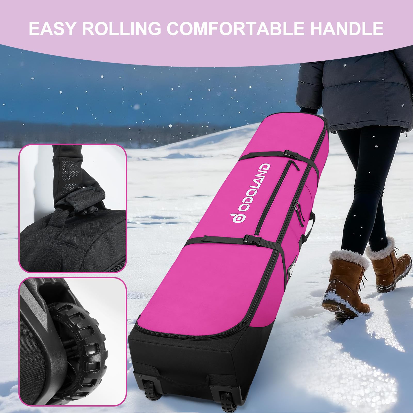 Odoland Rolling Ski Bag, Padded Snowboard Bags and Ski Boot Bag with Wheels for Air Travel, 900D Water Resistant Oxford Fabric, Fits Skis Up to 170cm, Purple
