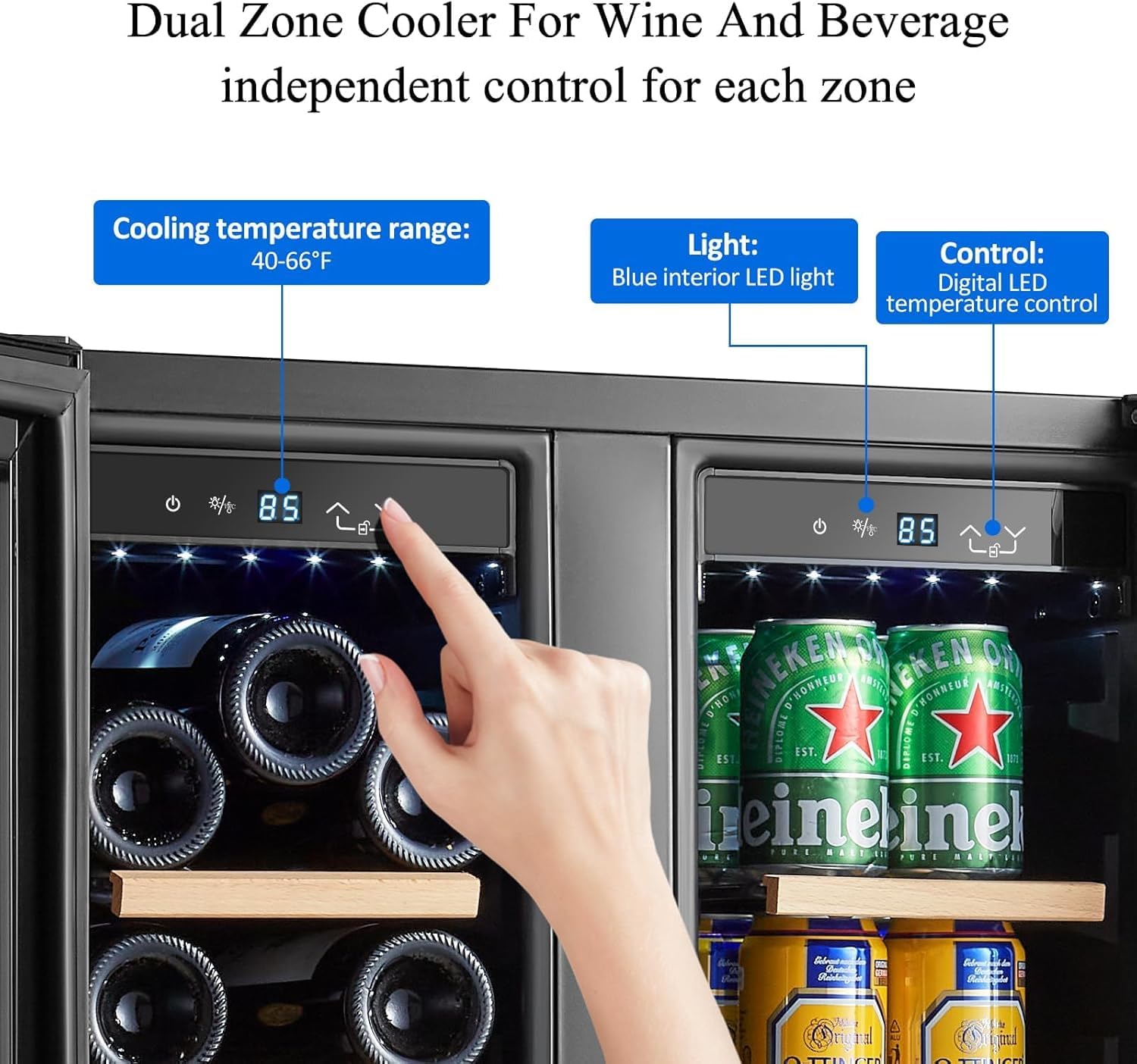 BODEGA 24 Inch Wine and Beverage Refrigerator, Dual Zone Wine and Bar Beverage Cooler, Commercial Black Bar Cooler With 2 Glass Doors, Bar Fridge Hold 19 Bottles and 57 Cans,Built-In or Freestanding.