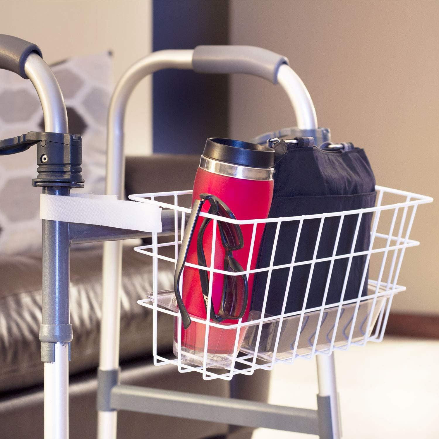 HealthSmart Universal Walker Storage Basket with Insert Tray and Cup Holder, No Tools Needed, White: Health & Personal Care