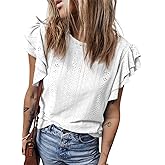 Dokotoo Womens Summer Tops Round Neck Ruffle Sleeve Eyelet Shirts Babydoll Blouses