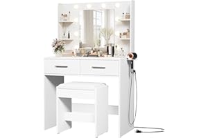 Furmax Make up Vanity Desk with Mirror and Power Outlet, Vanity with 3 Color Light Options Adjustable Brightness,Vanity Desk with 2 Drawers, 6 Storage Shelves (White, with Bench)