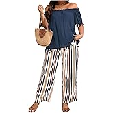 SOLY HUX Women's Plus Size 2 Piece Outfit Off The Shoulder Short Sleeve Blouse and Striped Pants Set