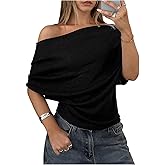 SHENHE Women's Off The Shoulder Sweater Short Sleeve Loose Fit Dressy Bat Wing Sweater Pullover