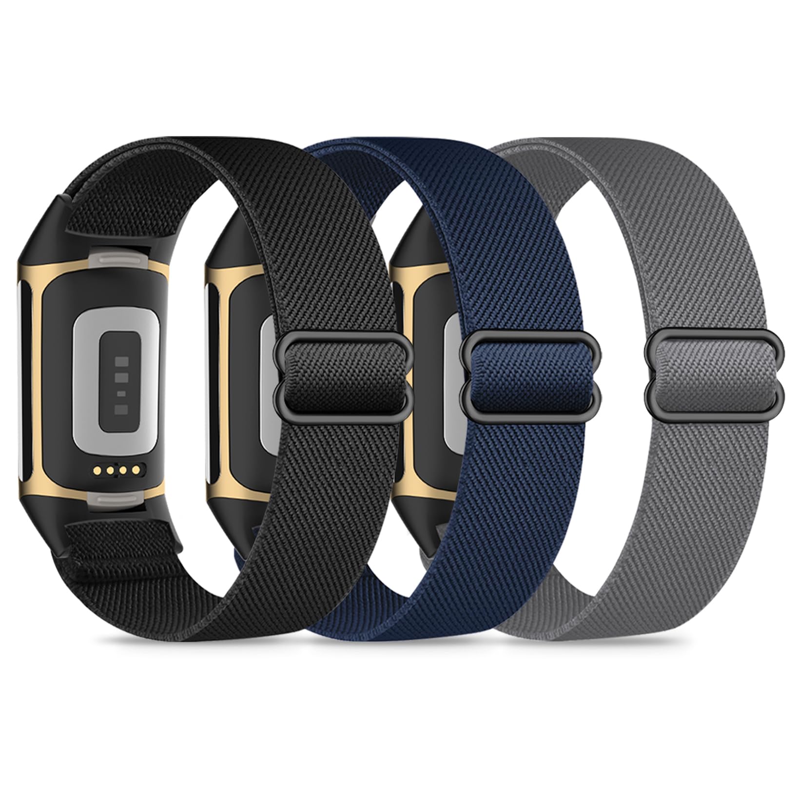 Wizvv Pack of 3 Elastic Wristbands Compatible with Fitbit Charge 5/6, Breathable, Adjustable, Stretchy Nylon Replacement Strap for Men and Women