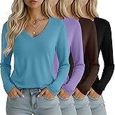 Oakgarden 4 Pack Women's Long Sleeve T-Shirts V Neck Basic Tees Curved Hem Casual Tops Loose Fit Fall Outfits
