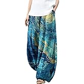 MARSVOVO Palazzo Pants for Women Trendy Wave Print Japanese Flowy Pants Lounge Casual Comfy Lantern Wide Leg Trousers