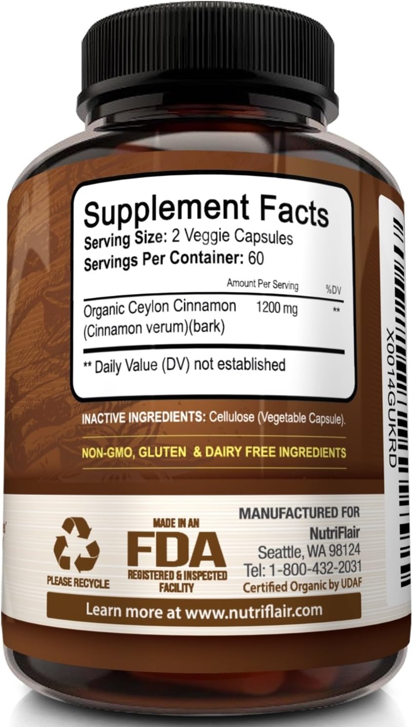 NutriFlair Ceylon Cinnamon (Made with Organic Ceylon Cinnamon) 1200mg per Serving, 120 Capsules - Healthy Blood Sugar Support, Joint Support, Anti-inflammatory & Antioxidant - True Sri Lanka Cinnamon: Health & Personal Care