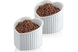 Mumufy 2 Pcs Ceramic Elevated Cat Bowls Tilted Elevated Raised Pet Bowls Anti Vomit Cat Dish for Indoor Stress Free Water Dish Feeder for Puppies, Heart Shaped(Pearly White)