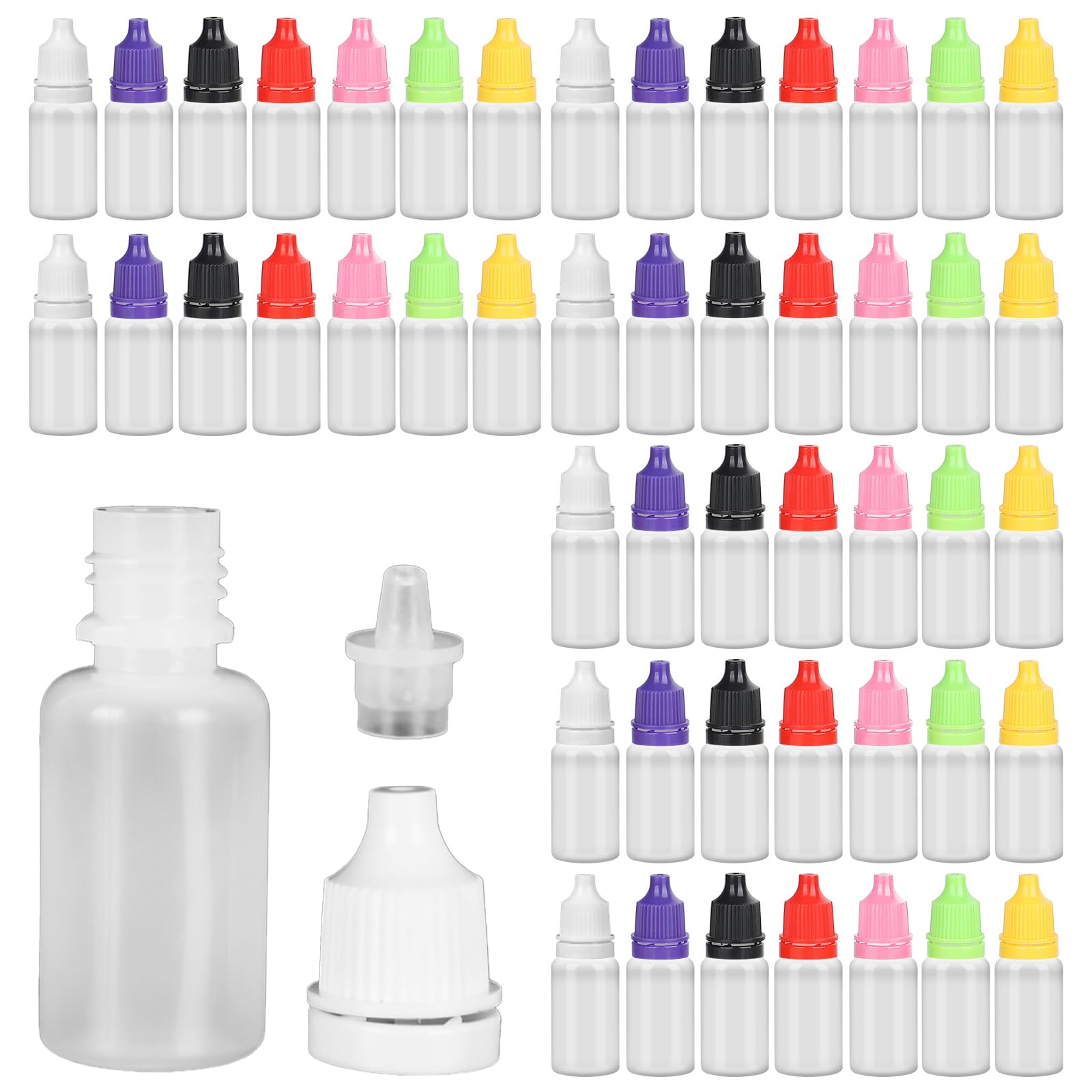 Mein HERZ 70 Pcs Squeezable Dropper Bottles, White Translucent Plastic Eye Liquid Empty Dropper 10ml, Can store eye drops, ear drops, essential oils and various liquids - Φ 20 mm (7 Colors)