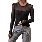 AsWished Women Long Sleeve Crew Neck Mesh Splice Fitted Sheer T-Shirt Going Out Tops
