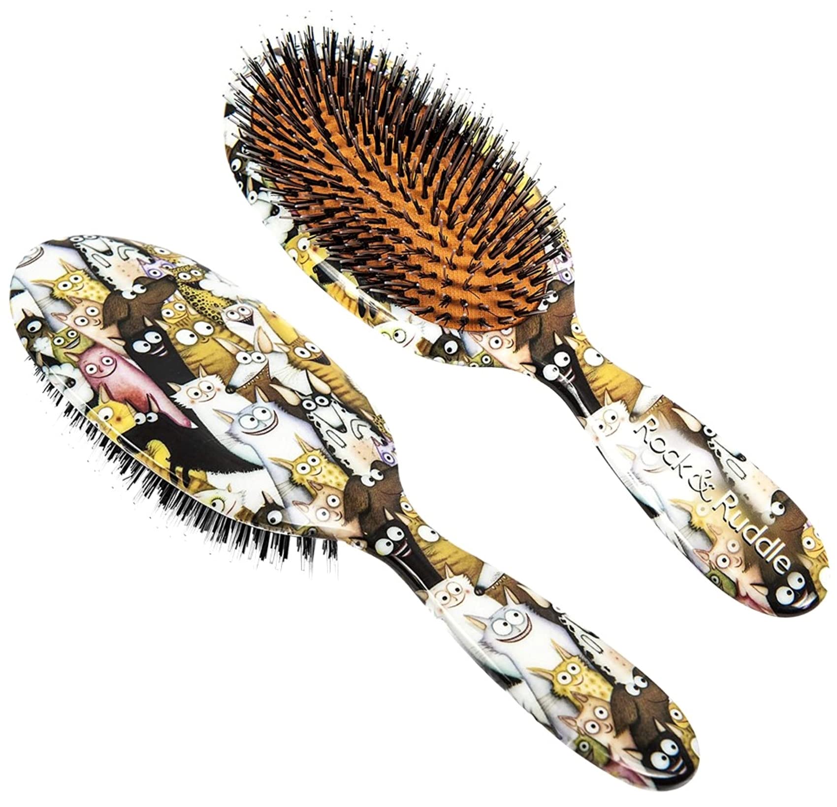 Rock & Ruddle Natural Mixed Boar Bristle Hair Brush for Women and Kids (Large, 21cm) - Perfect for Wet or Dry Hair, Detangling Smoothing Blowdrying - Designed & Made in UK - Cats and Dogs Design