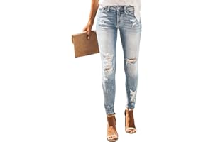 KUNMI Women's Ripped Boyfriend Slim Fit Jeans Frayed Distressed Stretchy Denim Pants