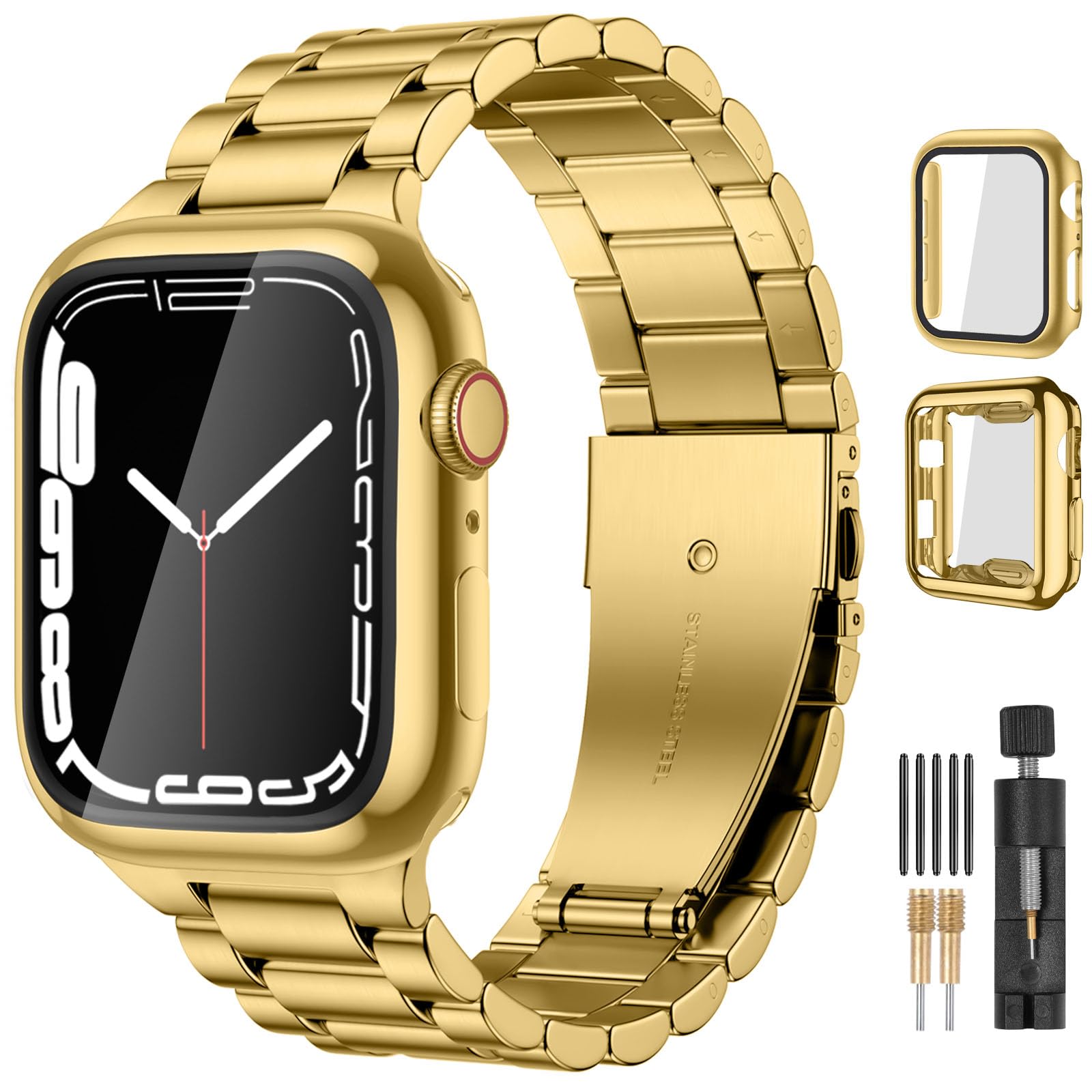 Photo 1 of Lerobo Compatible for Apple Watch Band 40mm 41mm 38mm 42mm 44mm 45mm,Stainless Steel Metal Business Strap Accessories with 2 Pack Screen Protective Cases for iWatch Series 9 8 7 6 5 4 3 2 1 SE Ultra2