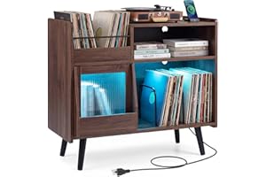 Giantex Large Record Player Stand with LED Light, Mid Century Modern Turntable Stand w/Sliding Door, Charging Station & Solid
