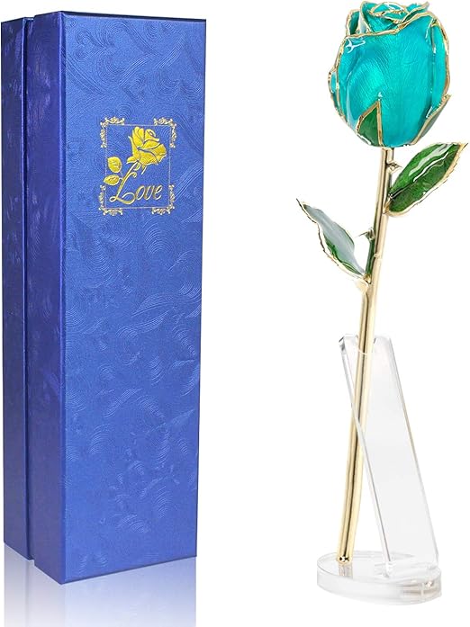 Amazon Com 24k Gold Rose Anniversary For Wife Blue Roses Flowers Golden Rose For Mothers Day Birthday With Transparent Stand Furniture Decor