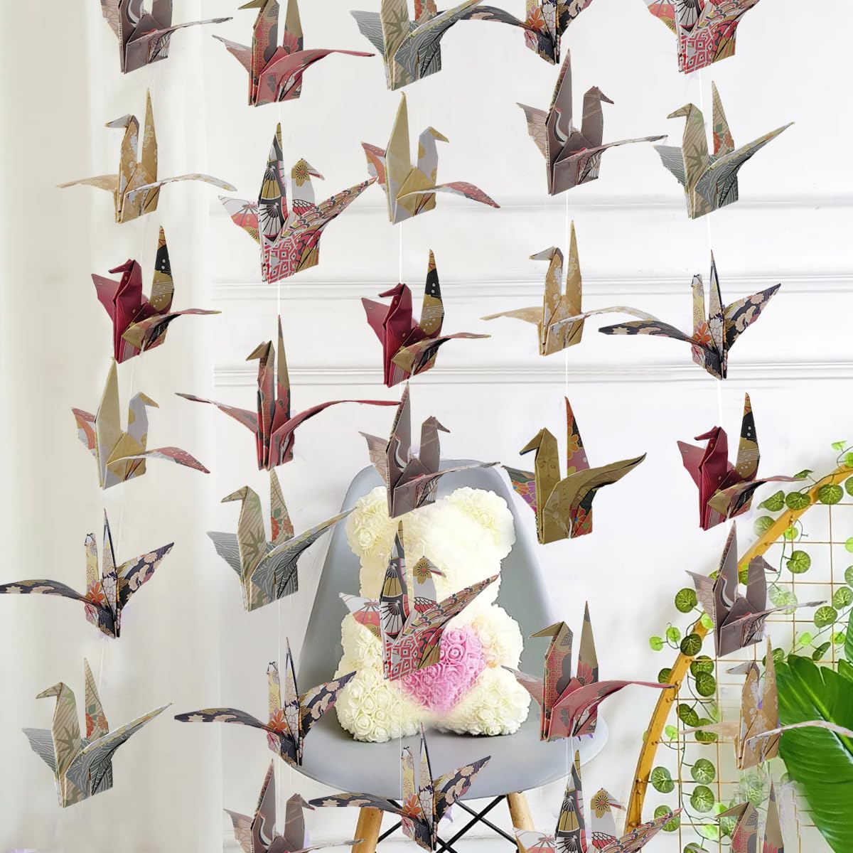 MXAEUK Japanese Paper Cranes Hanging Garlands, Vintage Japanese Flower Handmade Origami Birds Streamers, Paper Crane for Garden Ceiling Decor,Wedding Birthday Baby Shower Party Supplies