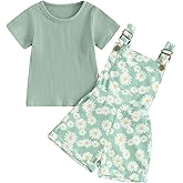 Lucikamy Toddler Baby Girls Summer Outfit Short Sleeve Ribbed Tops + Flower Suspender Overalls Shorts Set Kids Cute Clothes
