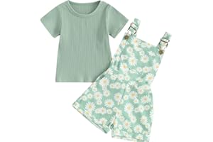 Lucikamy Toddler Baby Girls Summer Outfit Short Sleeve Ribbed Tops + Flower Suspender Overalls Shorts Set Kids Cute Clothes