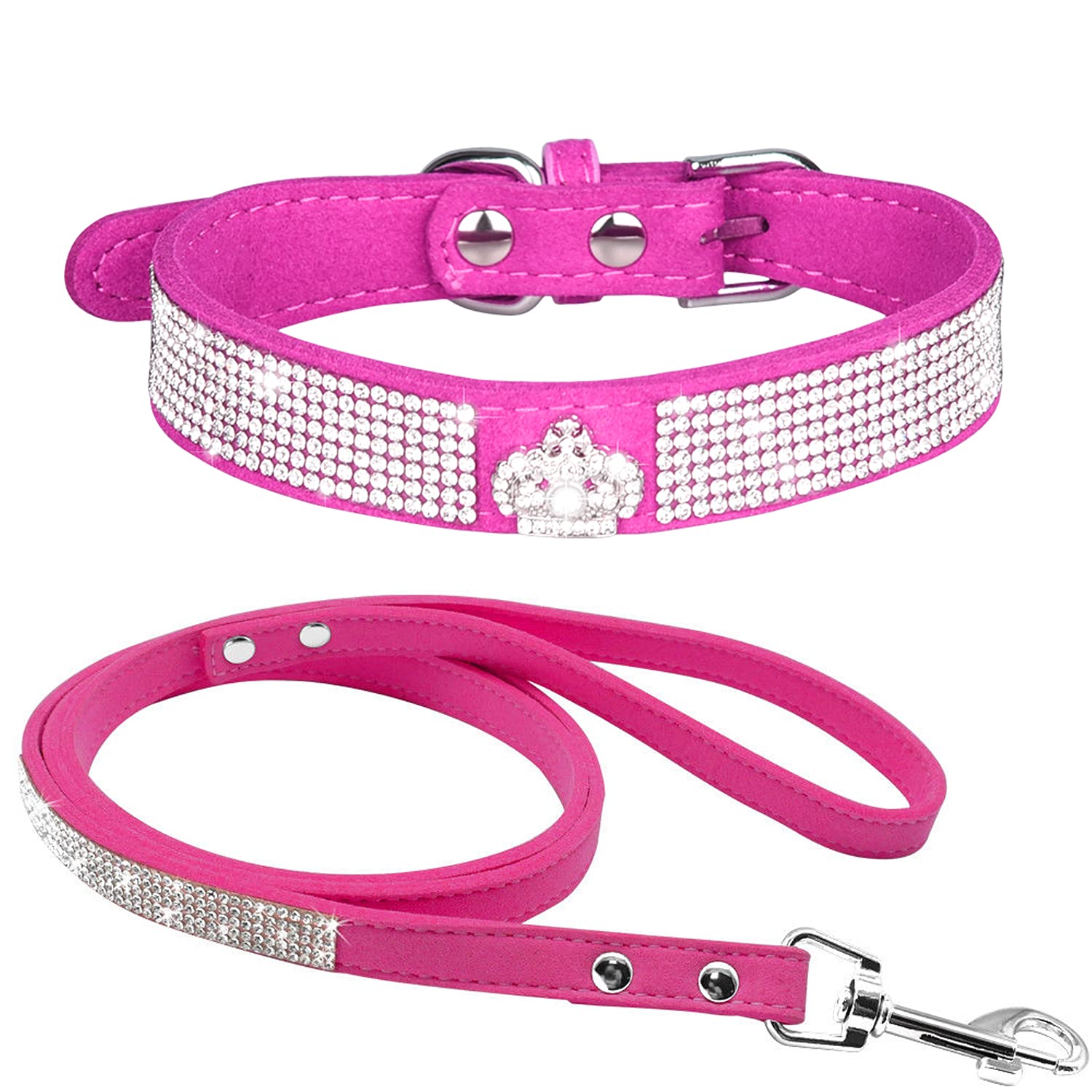 haoyueer Rhinestone Dog Collar, Cute Dazzling Sparkling Soft Suede Leather Dog Cat Rhinestone Collar Leash Crystal Diamond Pet Dog Puppy Collar (S, Hot Pink-4)