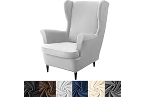 HFCNMY Wingback Chair Covers - 2 Piece Stretch Velvet Wingback Slipcovers - Thick Wing Back Chair Covers with Arms - Light Gray