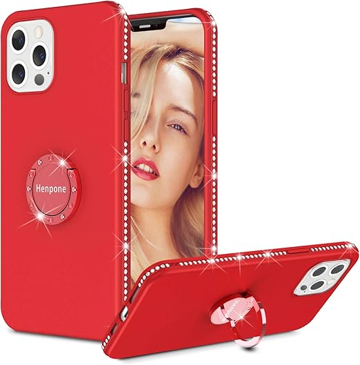 Amazon Com Henpone Compatible For Iphone 12 Pro Max Case Red 6 7 Inch Cute Sparkle Bling Diamond Rhinestone Bumper Case With Ring Kickstand Cover For Women Girls Soft Protective Case For Iphone