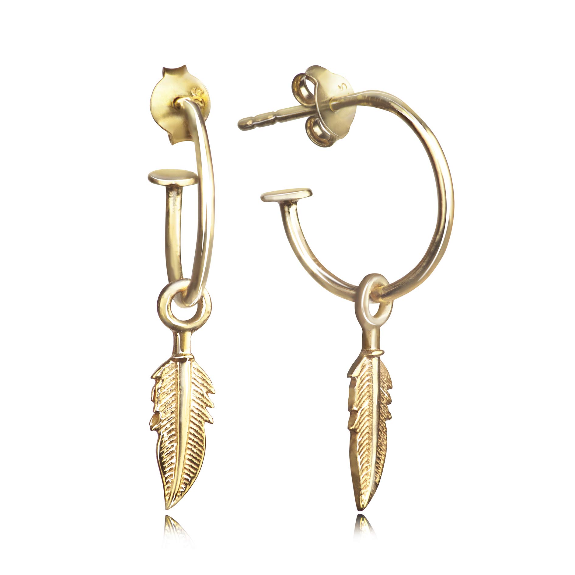 Open Hoop Earrings & Feather Charms in 18-Carat Gold Vermeil over 925 Sterling Silver with Butterfly Fastening, Hypoallergenic, Suitable for Women and Men