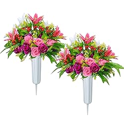 XONOR Artificial Cemetery Flowers with Vase, Set of