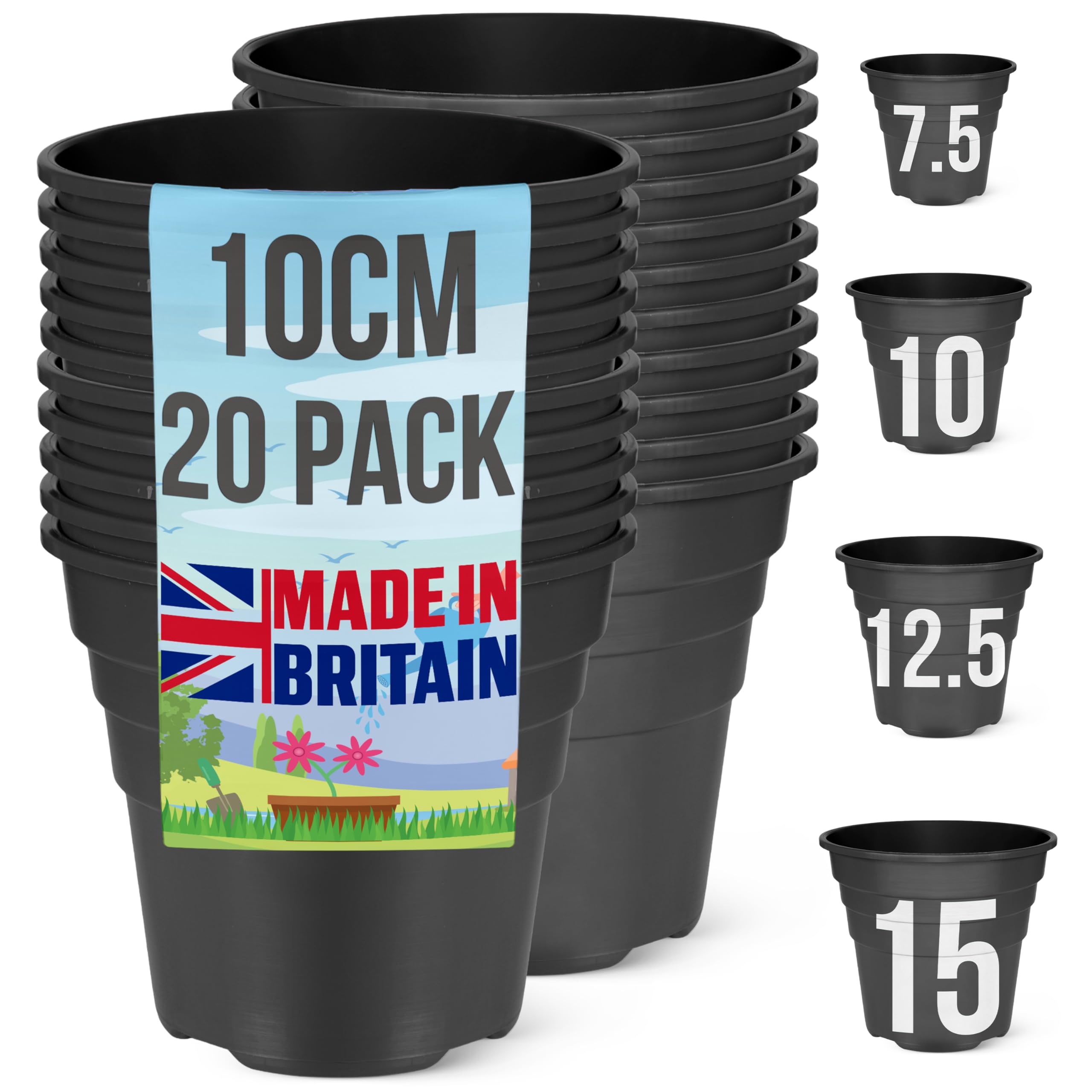 Happy Pots - 10cm Gloss Black - Pack of 20 Premium Plastic Plant Pots - Reusable Flower Pots for Indoor/Outdoor Home Décor Gardening - Round, Heavy Duty, UV Resistant, Recyclable - Made in UK