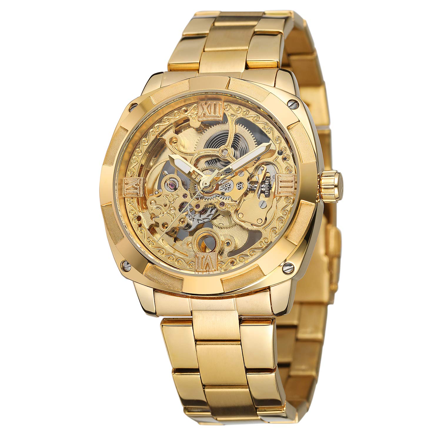 FORSINING Men's Trendy Steampunk Automatic Stainless Steel Gold Bracelet Watches for Various Occasions