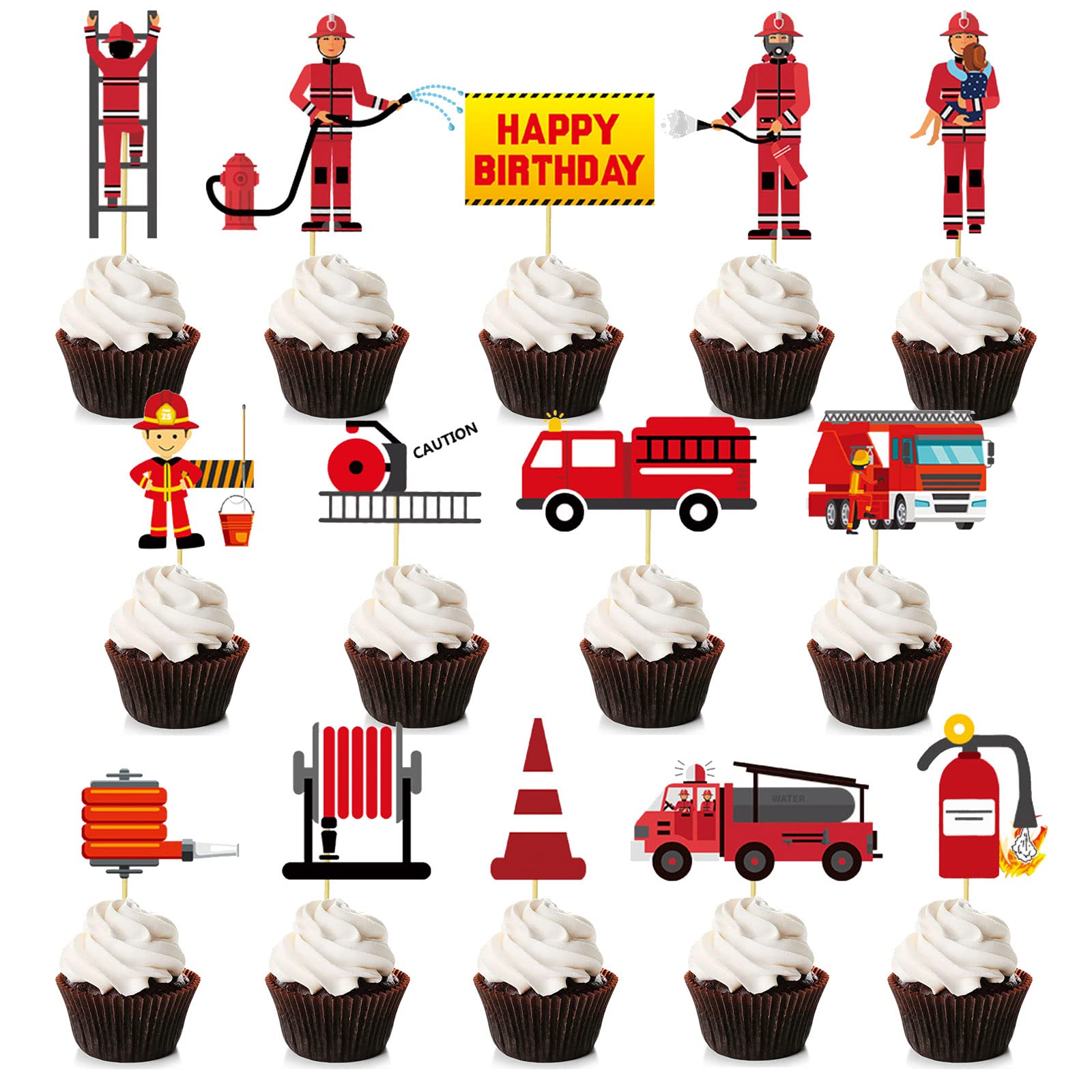 Bymivofun 28-Piece Fire Brigade Cupcake Topper, Fireman & Fire Engine Cake Decoration, Perfect for Children's Parties, Birthdays, Weddings & More