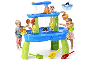 MAYSIDA 2024 Upgraded Sand Water Table Toys for Kids, 3-Tier & Electric Water Pump Rain Showers Splash Pond Toddler Sand Table, Sensory Play Table for Boy Girl 3+ Beach Summer Outside, Blue&Green