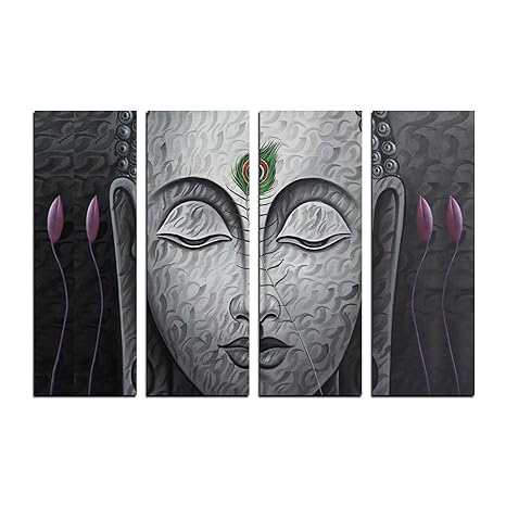 eCraftIndia 4 Panel Meditating Buddha Canvas Painting