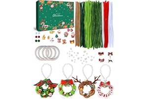 Farbeniok Christmas Pearl Ring Pipe Cleaner Craft Kit, DIY Wreath Ornament Supplies Set with Beads, Bow for Tree Decor, Interior Decoration, School Bags, Children's Festival (4 Colors)