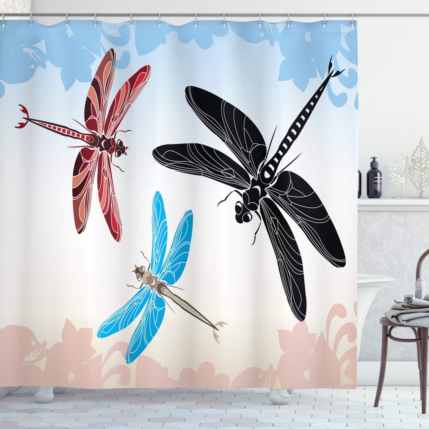Ambesonne Dragonfly Shower Curtain, Exotic Dragonflies Flying in Cloud Sky Animal