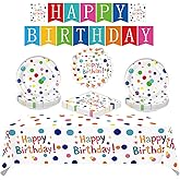 Rainbow Polka Dots Birthday Party Supplies Set with Happy Birthday Banner, Plates, Napkins, Tablecloth,Colorful Dots Party Decorations for Kids Boys Girls