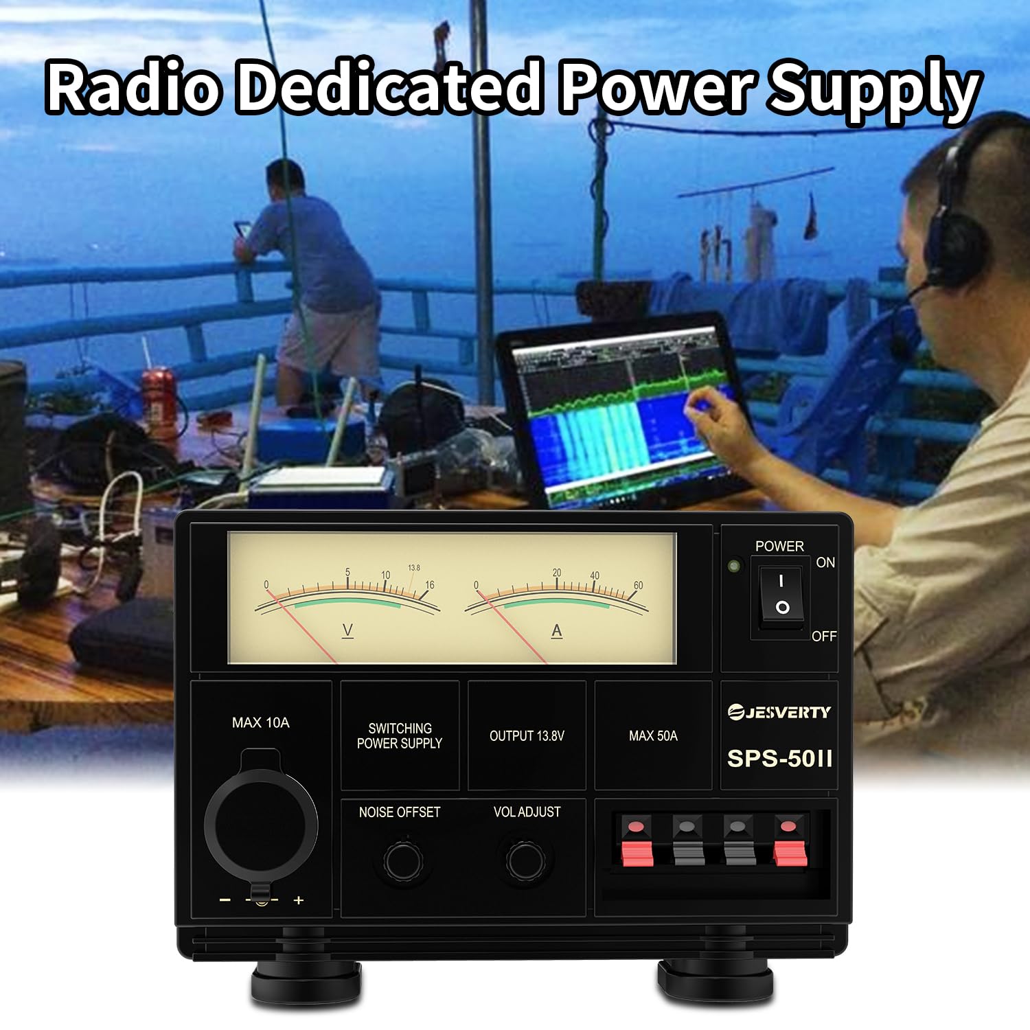 Universal Compact Bench Power Supply- 50 Amp Regulated Home Lab Benchtop AC-to-DC Converter 13.8 Volt/9-15Volt, Cooling Fan, Screw Type Terminals - Jesverty SPS-50II